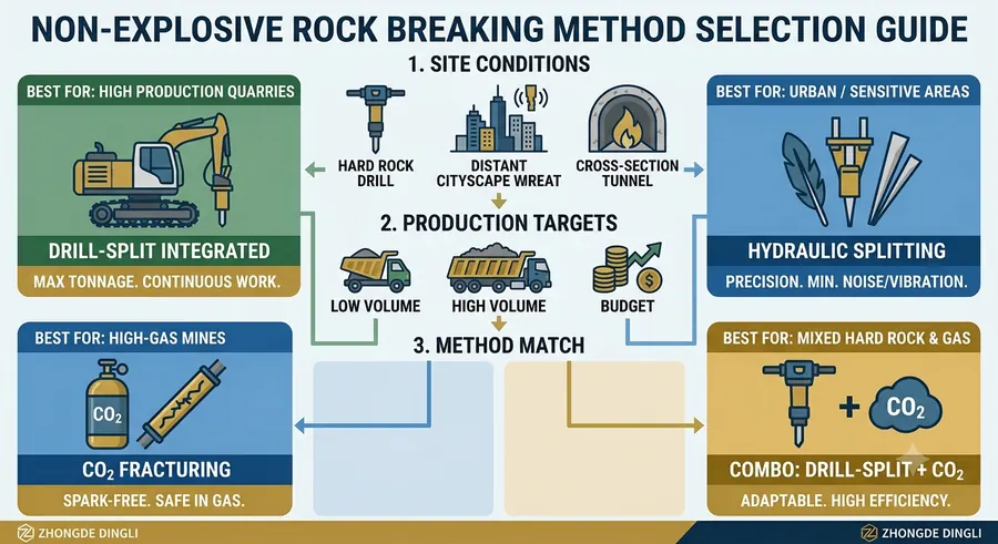 Comparison of 6 non-explosive rock breaking methods